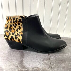 Apri Ankle Boots Womens 9.5M Black Slip on Low Heel Leopard Calf Hair Chic shoes